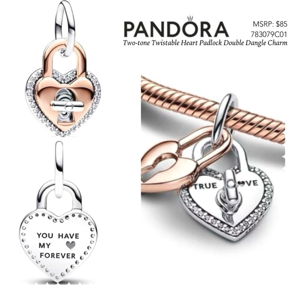 Pandora Silver Snake Chain Bracelet with Rose Gold & Silver Heart Padlock Charm - Picture 2 of 10